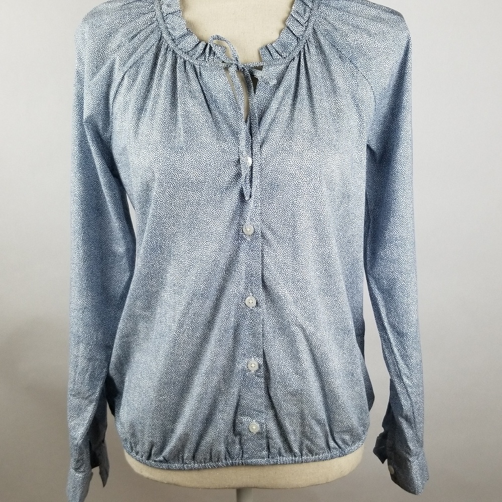 Loft Blouse Blue/White, Ruffled and Tie Neck Sz SP